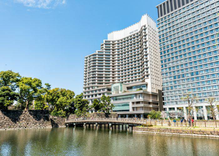 The exteriors of Palace Hotel Tokyo, looking out over the Imperial Palace.